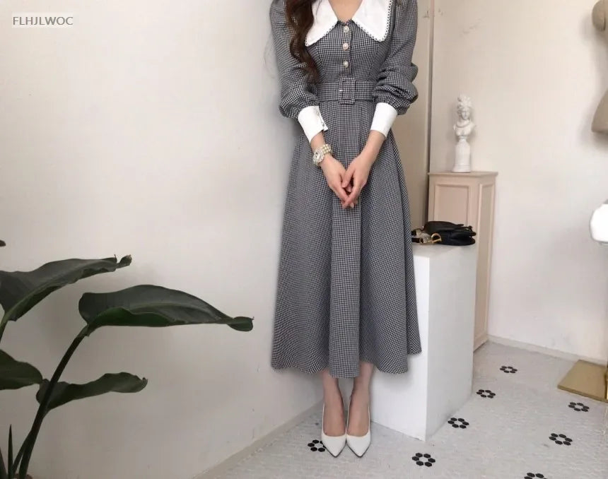 2021 Autumn Spring Basic Belt Plaid Shirt Dress Long Maxi Feminine Vestidos Chic Korea Design Clothes