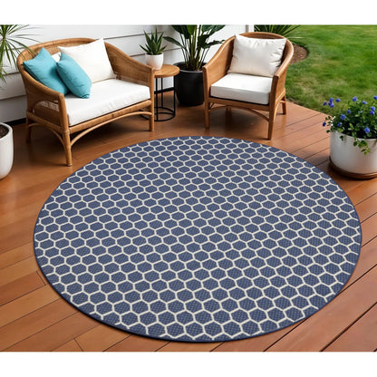 HMS 8' Navy Blue Ivory Geometric Indoor/Outdoor Reversible Area Rug Modern Square Pattern for Teenagers for Office or Kitchen