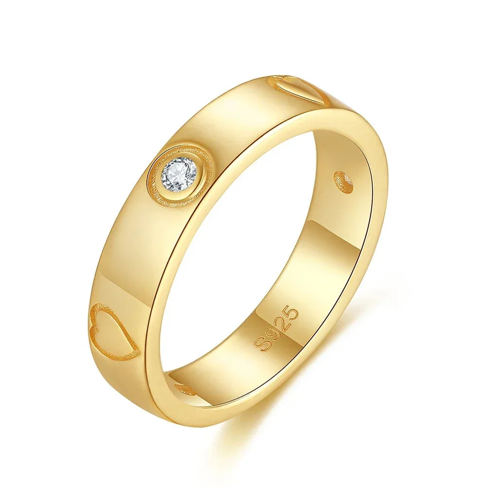 RINNTIN SR324 Heart Love Stylish Band Rings Gold Plated 925 Sterling Silver Classic for Girls Zircon Engagement Rings for Women