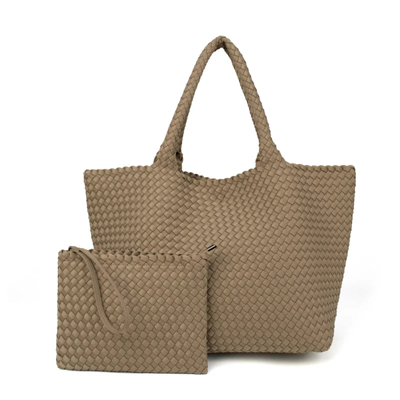 2 Pcs Set Fashion Casual Shoulder Waterproof Lady Woven Purse Hobo Women Neoprene Tote Bag Large Capacity Patchwork Handbag