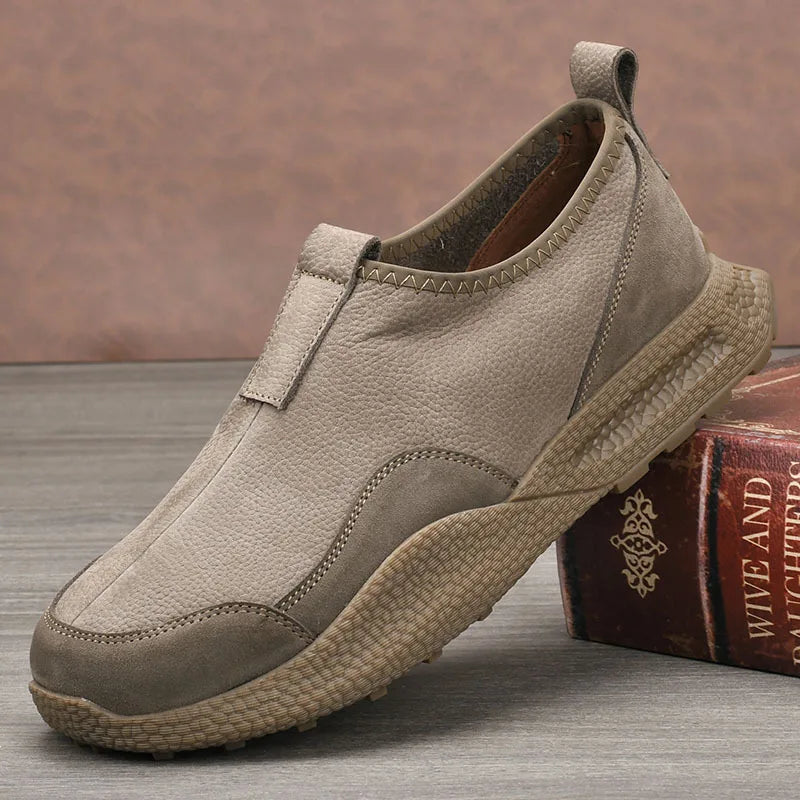 Men Slip-On Retro Shoes Genuine Cow Leather Round Toe Mesh Lining Rubber Outsole Breathable Walking Style Shoes