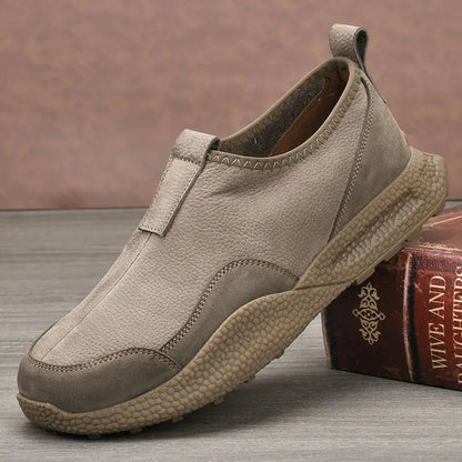 Men Slip-On Retro Shoes Genuine Cow Leather Round Toe Mesh Lining Rubber Outsole Breathable Walking Style Shoes