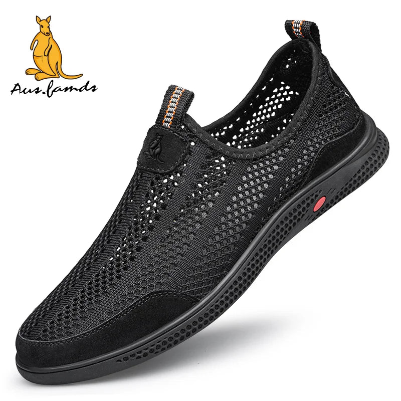 Lightweight Men's Kangaroo Logo Pigskin Leather Casual Sport Slip-On Running Shoes Breathable Soft Fabric Summer Walking Sandals