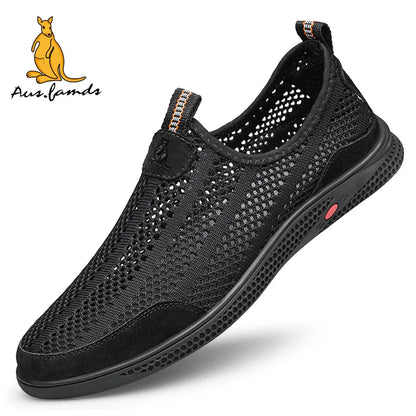 Lightweight Men's Kangaroo Logo Pigskin Leather Casual Sport Slip-On Running Shoes Breathable Soft Fabric Summer Walking Sandals