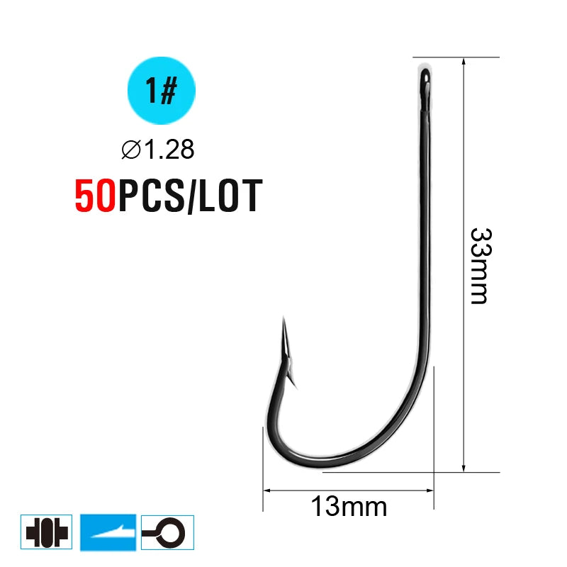 ICERIO 50PCS High Carbon Steel Barbed O'Shaughnessy Jig Hooks Saltwater Fishing Ringed Hooks Accessories Tackle