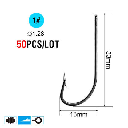ICERIO 50PCS High Carbon Steel Barbed O'Shaughnessy Jig Hooks Saltwater Fishing Ringed Hooks Accessories Tackle