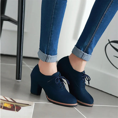 Vintage Women Lace Up Pumps Square Heel Round Toe High Heels British Style Oxfords Autumn Low Top Student Shoes Blue Booties 33