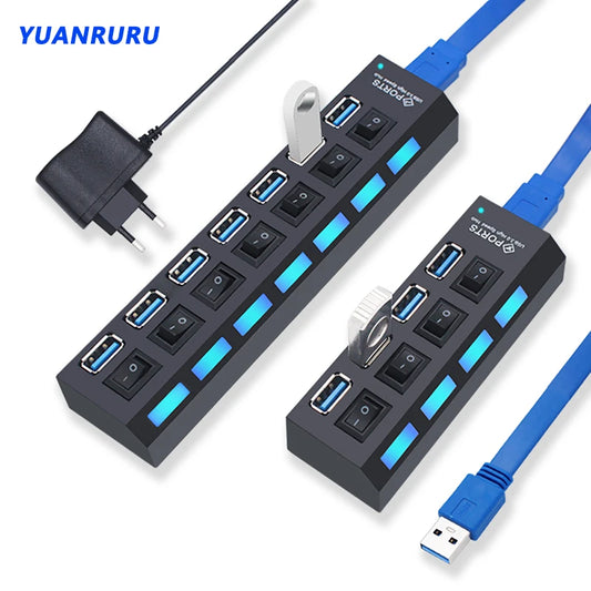 Hub USB 3.0, répartiteur USB 2.0, adaptateur secteur, multi-ports USB 4/7 avec commutateur, accessoires pour PC