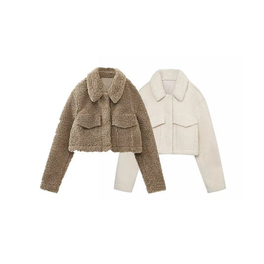 KAR&OT ZA 2024 Autumn and Winter New Fashion Snap Button Closure Flap Pockets Decorated Fleece Short Jacket 4341843