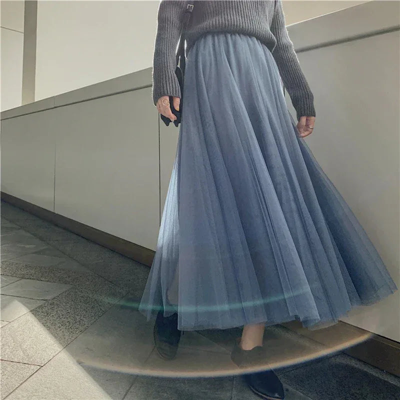 TingYiLi Elegant Tulle Skirt Autumn Winter Big Swing Women Skirt Korean Cute Pink Green Gray Blue Brown Black Long Skirt Tutu