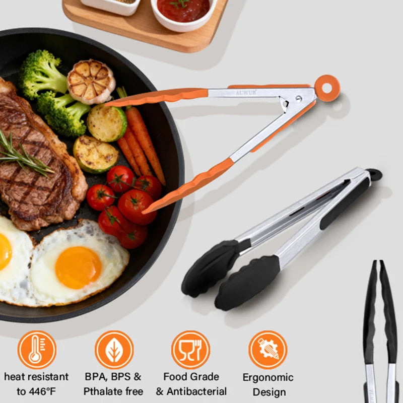 12 Inch Heat-Resistant BBQ Silicone Food Clip Grilling Locking Metal Silicone Foods Tong Kitchen Ergonomic Grip Tongs