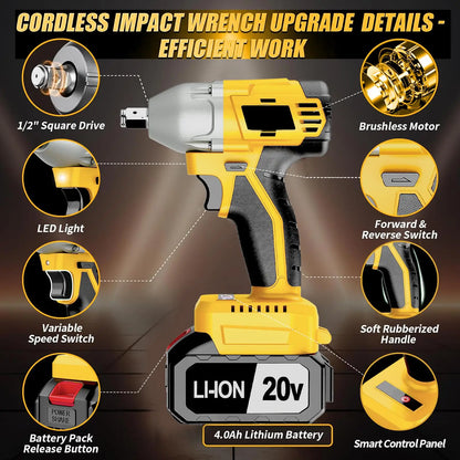 20V Brushless Cordless Impact Wrench Set 1 2 Inch Drive 430NM Max Torque Industrial Grade 3 in 1 Tool Kit Battery Powered
