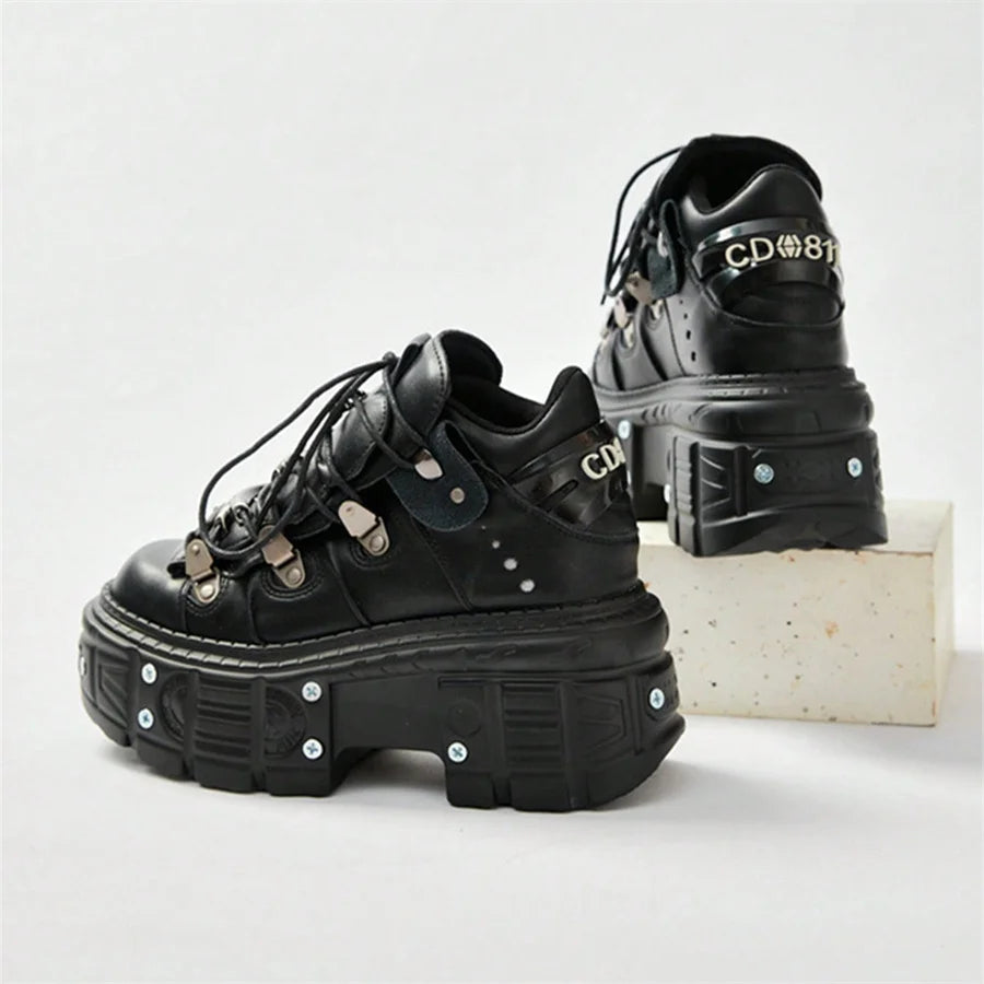 Punk Style Women's Black Shoes Rock Metal Decor Lace-up Platform Shoes Gothic Man's Leather Boots