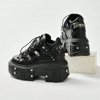 Punk Style Women's Black Shoes Rock Metal Decor Lace-up Platform Shoes Gothic Man's Leather Boots