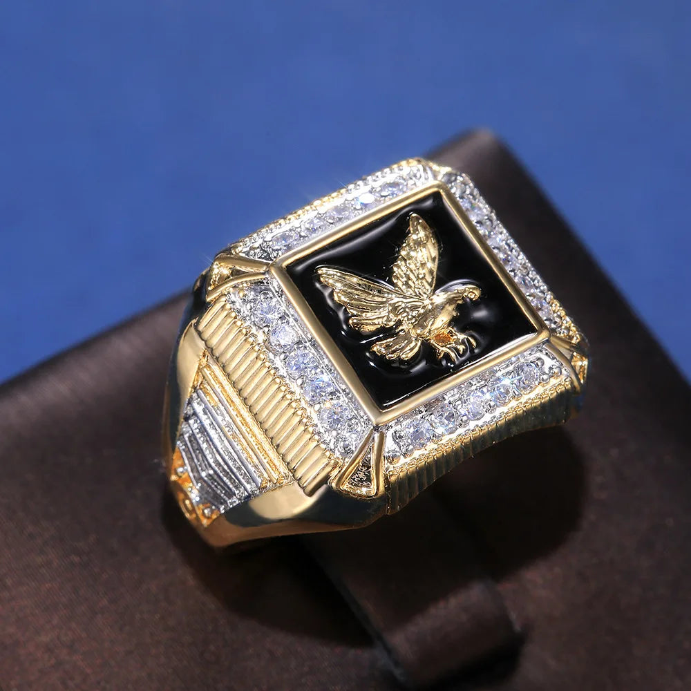 H104 Men's 22k Gold Plated Diamond Ring With Eagle Design Black Inlay Everyday Wear Jewelry