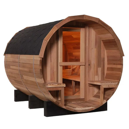 Luxury Outdoor Red Cedar Barrel Wooden 4 Person Sauna Room Waterproof Outdoor Steam Sauna with Electric Stove