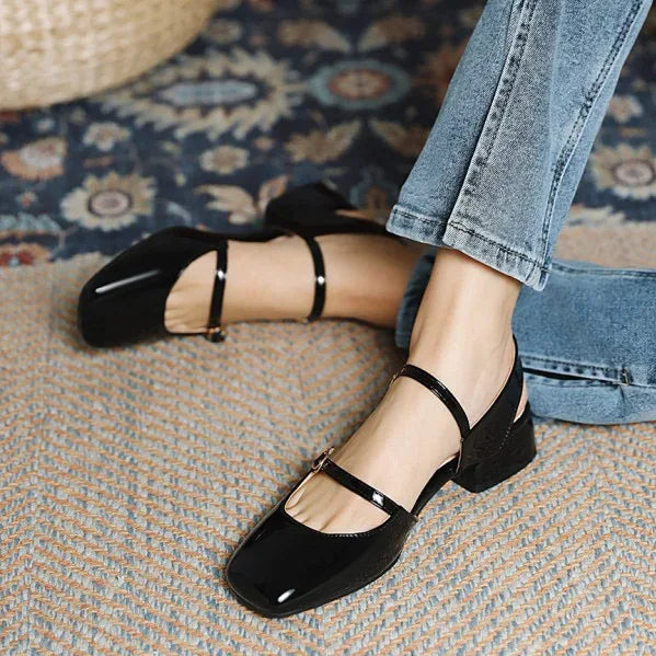 LIHUAMAO Patent leather women sandals ankle strap square toe sandals high heel shoes green