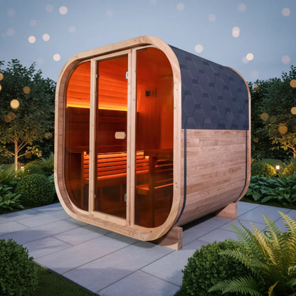 Cube Sauna with Sauna Kits Carbonized Finnish Spruce Outdoor Sauna for 4Person Black Waterproof Roof Tiles