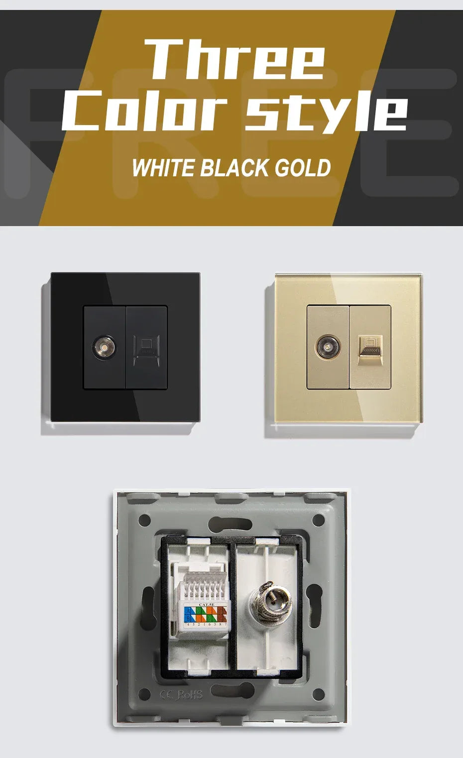BSEED Single TV CAT5 Internet Socket Double EU Power Socket Triple Germany  With RJ45 Television Wall Sockets Glass Frame