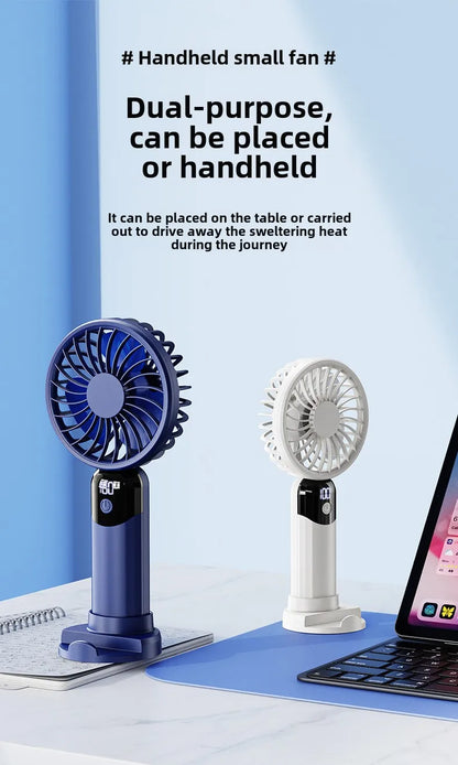USB Portable 6-Speed Digital Display Fan Mini Handheld Large Wind Silent Desktop Cooling Gift Foldable for Household Car Use