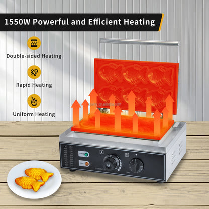 Taiyaki Electric 6 Slices  Fish-Shaped Waffles 1400W Double-Sided Heating Stainless Steel Mini Waffle Machine Snack Machine