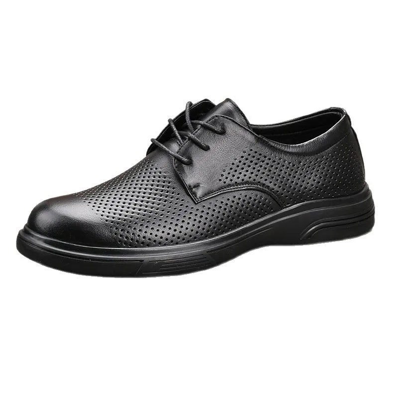 Men Summer Breathable Cow Leather Lace-up Round Toe Boat Shoes Solid Color Rubber Outsole EVA Midsole