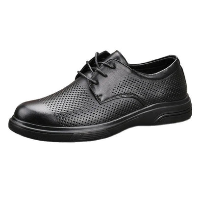 Men Summer Breathable Cow Leather Lace-up Round Toe Boat Shoes Solid Color Rubber Outsole EVA Midsole