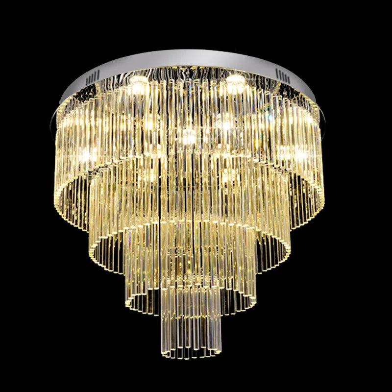 Modern Stainless Steel Ceiling Led Light Round Multi-layer Silver Crystal Chandelier