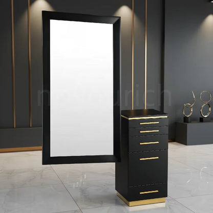 Gold Salon Mirror for Barber Shop Wood Beauty Salon Mirrors Beauty Salon Furniture Mirror with Cabinet Ready to Ship