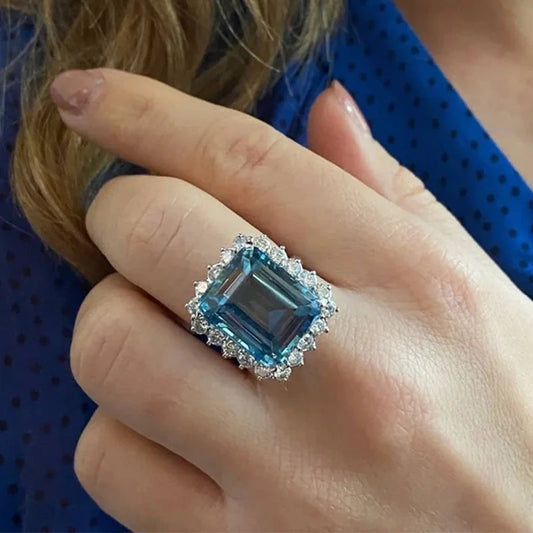 Women's Party Cocktail Ring Gemstones Natural Aquamarine Emerald Cut Pave Setting Glam Fashion Geometric Design by PDG ibma