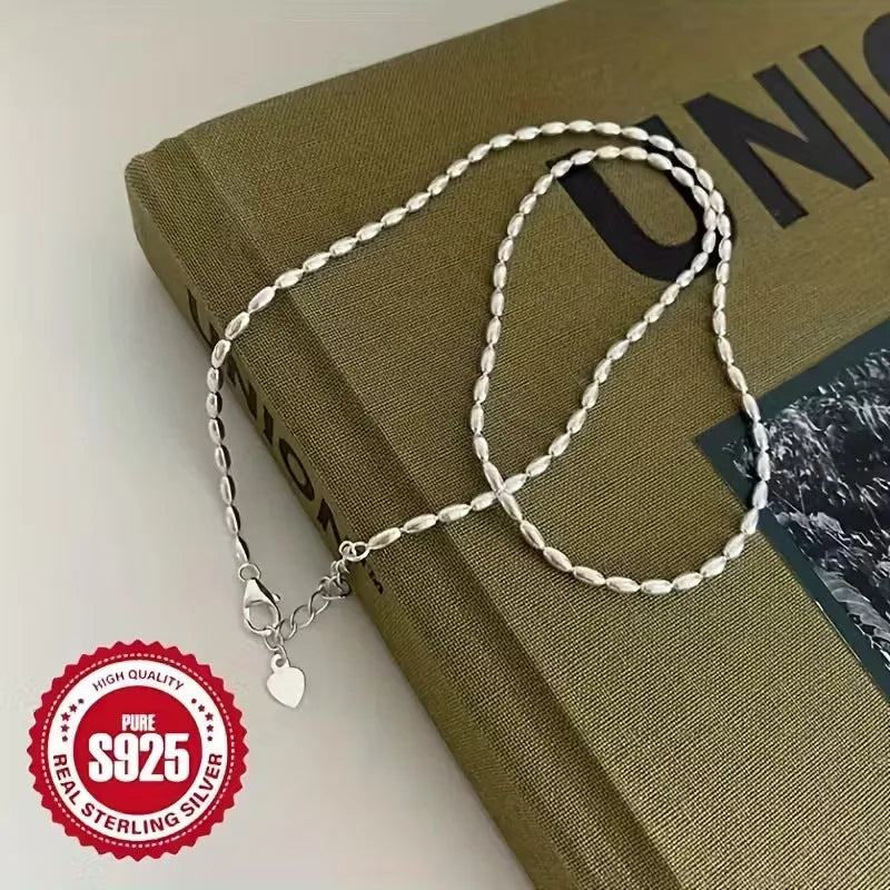 Lanshang S925 Sterling Silver Necklace for Women Olive Oval Beads Fine Chains Necklaces Beaded Design