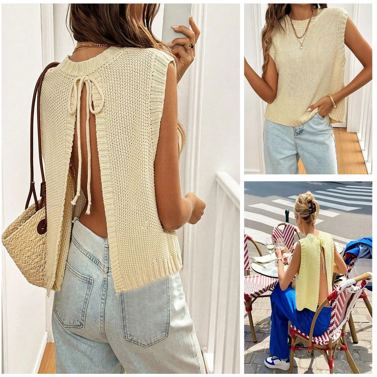 Women's Vintage Ice Silk Knitted Vest Spring Summer Casual Cross-Border Fashion Solid Layered Sleeveless Top Apricot Thin
