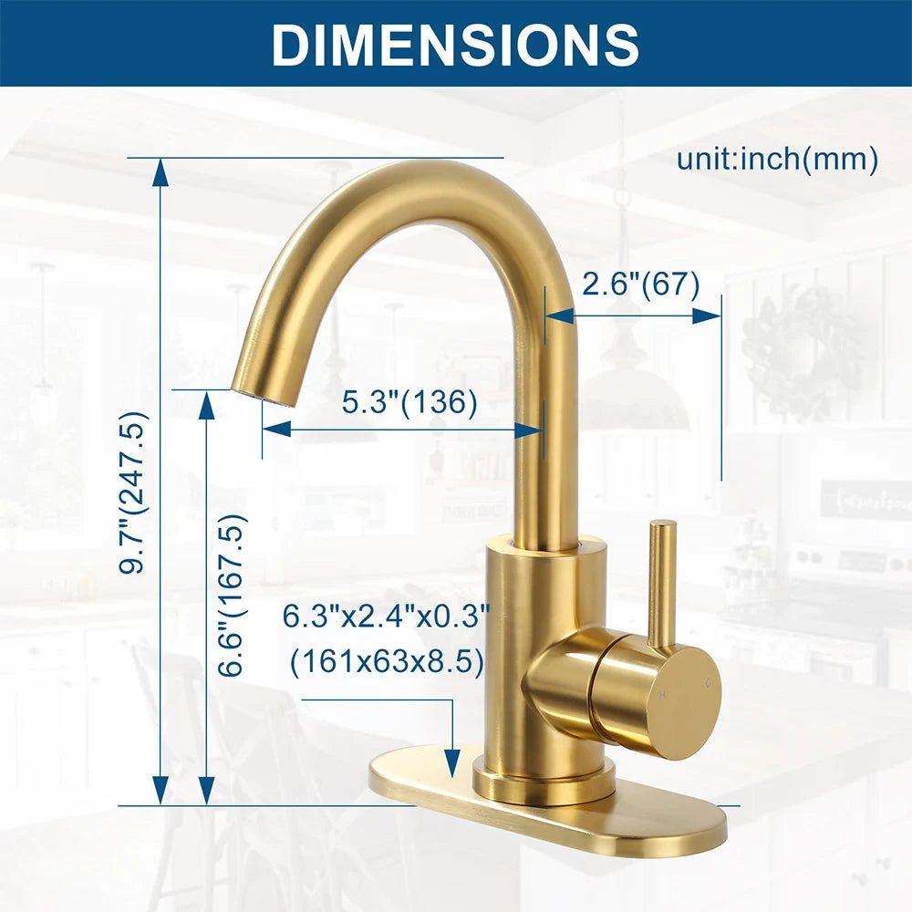 Modern Bar Sink Faucet Single-Handle Gold Mini Kitchen Faucet, 1 Hole Wet Bar Sink Faucets with Deck Plate for bar RV Laundry