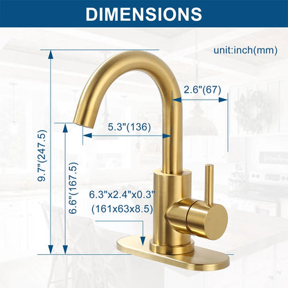 Modern Bar Sink Faucet Single-Handle Gold Mini Kitchen Faucet, 1 Hole Wet Bar Sink Faucets with Deck Plate for bar RV Laundry