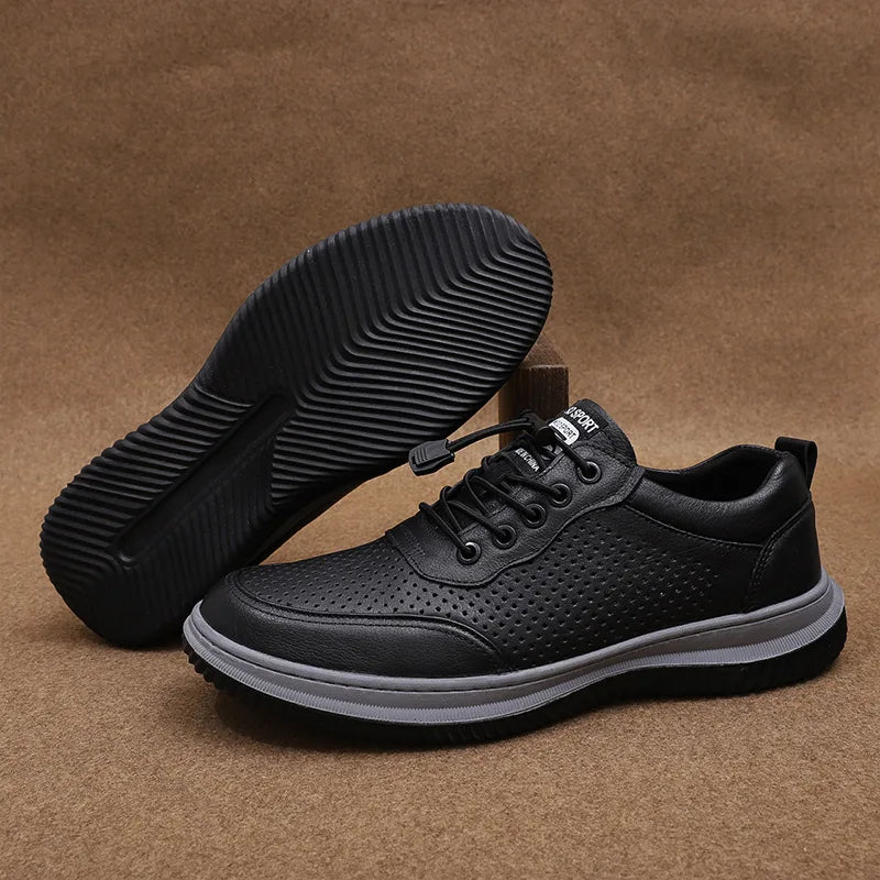Men's Summer Breathable Leather Lace-up Round Toe Boat Shoes Solid Color EVA Midsole Rubber Outsole Casual Style