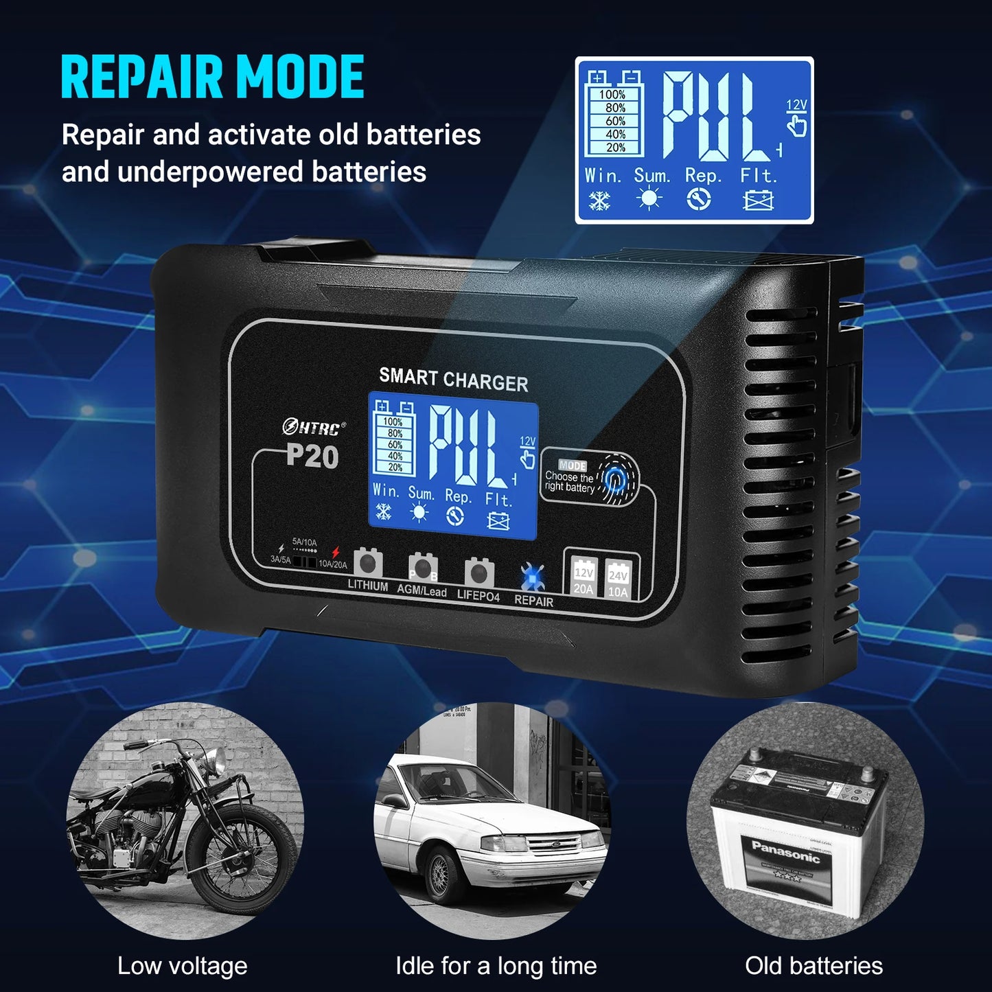 HTRC 20-Amp Smart Battery Charger for Lithium LiFePO4 Lead-Acid AGM/Gel/SLA Batteries Car/Motorcycle/Scooter Trickle Charger