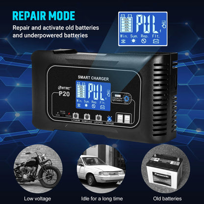 HTRC 20-Amp Smart Battery Charger for Lithium LiFePO4 Lead-Acid AGM/Gel/SLA Batteries Car/Motorcycle/Scooter Trickle Charger