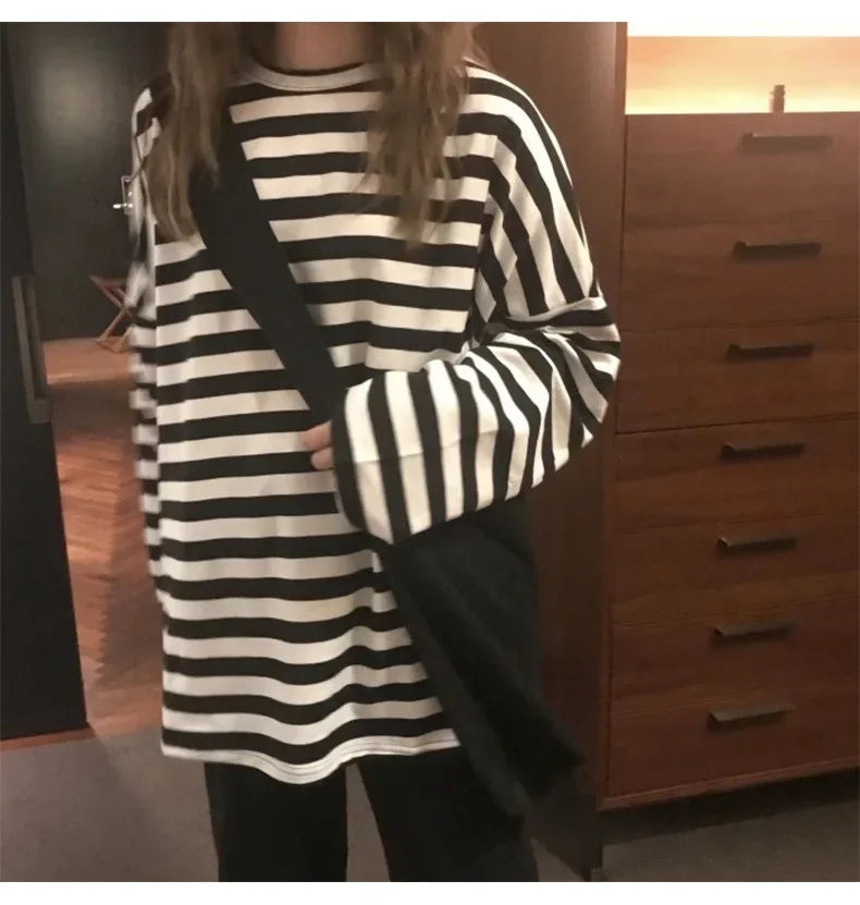 spring Autumn Women harajuku Striped Tshirt Long Sleeve O-Neck T-Shirts ulzzang Korean Casual  T Shirt Femme black Tops