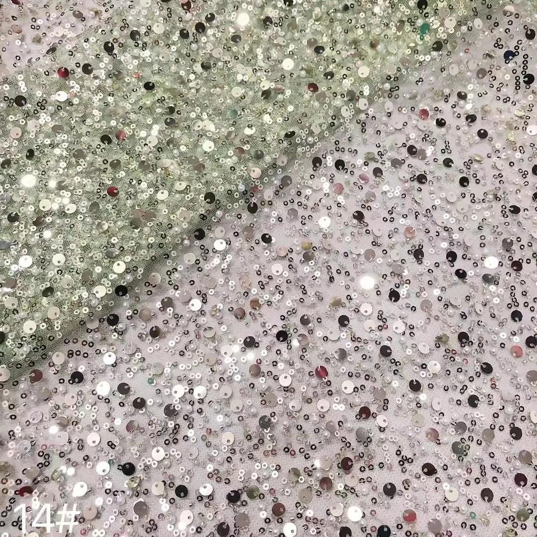Width 130 cm Polyester Sparkly Sequins Embroidery Beads Mesh Fabric Heavy Tulle Lace Fabric for Wedding Dress Curtain