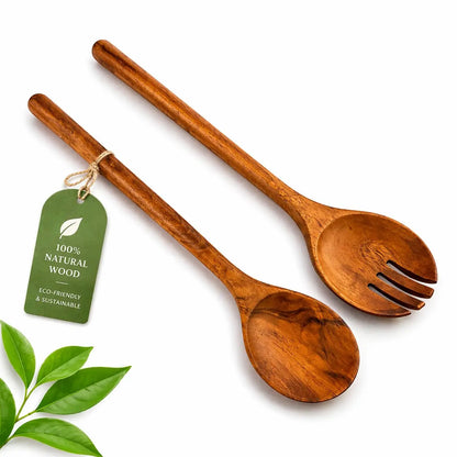 Wooden Serving Spoon Set of 2 Long Handle Eco-Friendly Minimalist Design Acacia Wood Kitchen Utensils