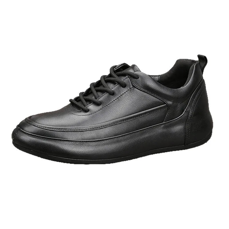 Genuine Leather Men's Casual Shoes Round Toe Lace Up Anti Slip Platform Rubber Sole All Seasons Chunky Shoes