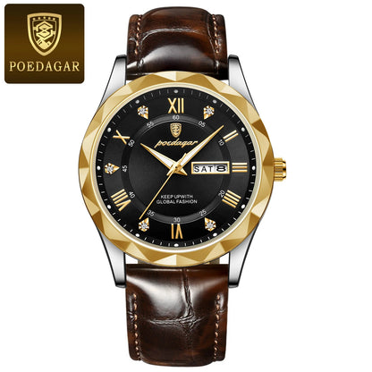 POEDAGAR Watches for Men Classic Luxury Week Display Sports Quartz Watch Mens Waterproof Leather Band Date Wristwatches Male