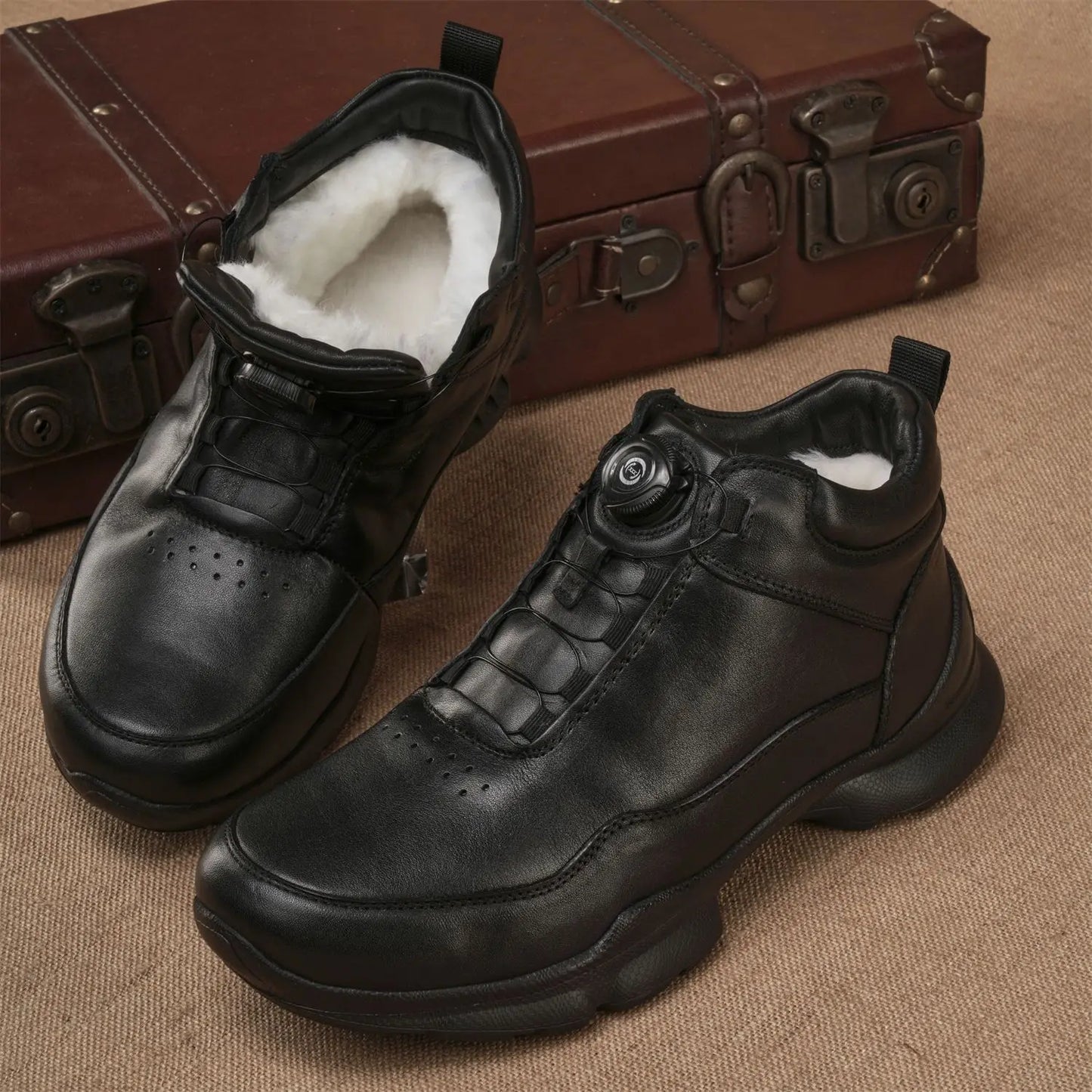 Men's Cow Leather Walking Shoes Solid Round Toe Low Heel Plush Lining Insulative Buckle Design Autumn Winter Fashion Casual