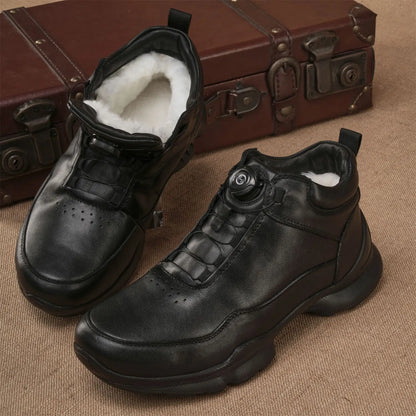 Men's Cow Leather Walking Shoes Solid Round Toe Low Heel Plush Lining Insulative Buckle Design Autumn Winter Fashion Casual