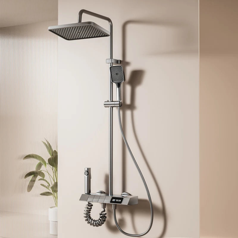 New Aluminum Intelligent Thermostatic Shower Set LED Digital Display Piano Keys Black Rainfall Bath Shower Faucet System Set