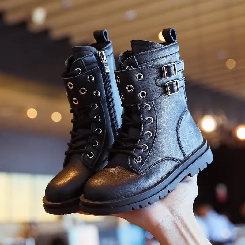 Girls' Boots Super Fiber Children's Short Boots Spring and Autumn Single Item New British Style Fashion Show Black Boots
