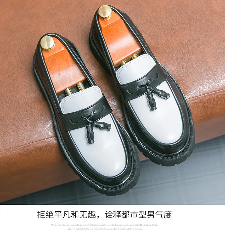 Thick Sole Classy Men Dress Shoes Black+White Color Handsome Wedding Tassels Loafer Shoes for Men