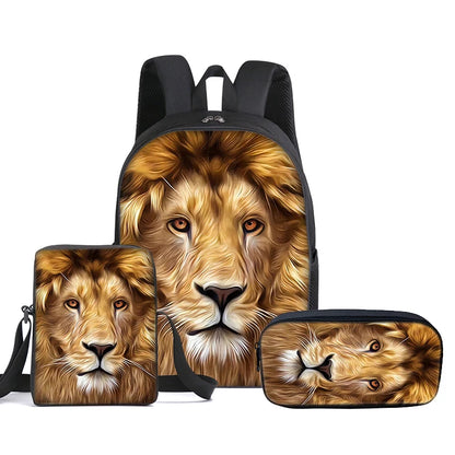 Cool Lion 3D Printed Fashionable 3-Piece Set Backpack Lightweight Adjustable Shoulder Strap Durable PVC Polyester Lining Zipper