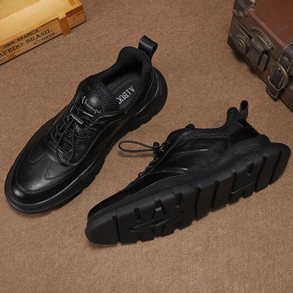 Men Leather Lace-up Casual Shoes Round Toe Breathable Mesh Lining Rubber Outsole EVA Midsole Autumn Fashion Comfortable Walking