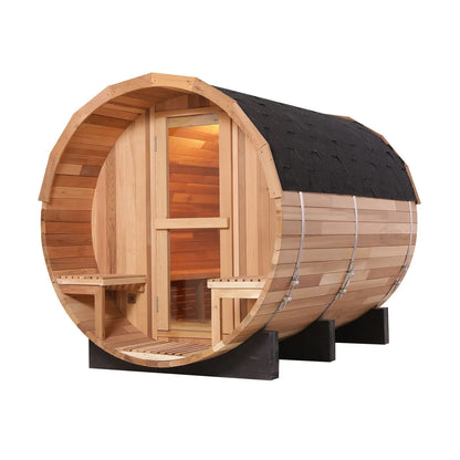 Luxury Outdoor Red Cedar Barrel Wooden 4 Person Sauna Room Waterproof Outdoor Steam Sauna with Electric Stove